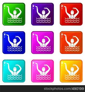Swimmer in a swimming pool icons of 9 color set isolated vector illustration. Swimmer in a swimming pool set 9