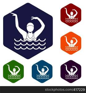 Swimmer in a swimming pool icons set rhombus in different colors isolated on white background. Swimmer in a swimming pool icons set