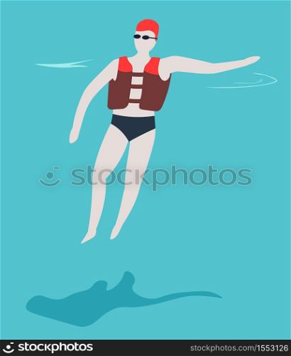 Swimmer in trunks and inflatable vest in swimming pool summer outdoor activity vector recreation and sport leisure activity guy in diving goggles and rubber hat hotel resort or aqua park and safety. Man in trunks inflatable vest and goggles swimming pool