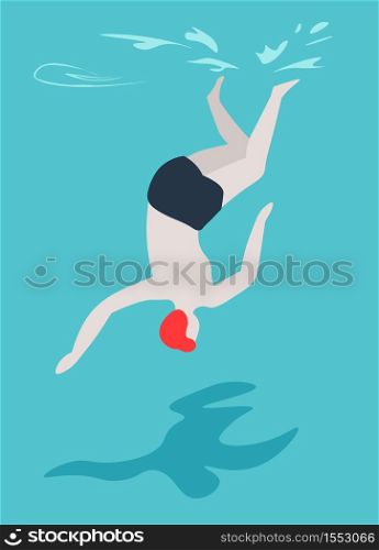 Swimmer in trunks Man diving in swimming pool summer outdoor activity vector recreation and sport leisure activity guy jumping in water hotel resort or aqua park having fun seasonal entertainment. Man diving in swimming pool swimmer in trunks summer outdoor activity