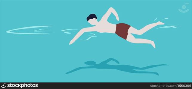 Swimmer in trunks man in swimming pool summer outdoor activity vector guy swimming recreation and sport leisure activity guy in water hotel resort, or aqua park having fun seasonal entertainment. Swimming pool swimmer in trunks summer outdoor activity