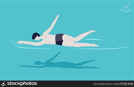 Swimmer in trunks man in swimming pool summer outdoor activity vector guy swimming recreation and sport leisure activity guy in water hotel, resort or aqua park having fun seasonal entertainment. Man in swimming pool swimmer in trunks summer activity or sport