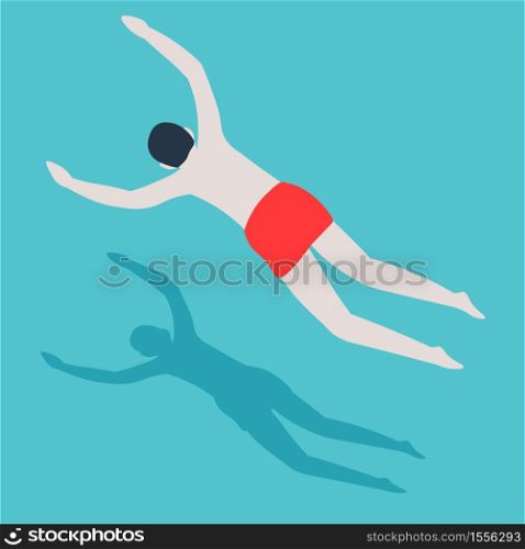 Swimmer in trunks man jumping in swimming pool summer outdoor activity vector recreation and sport leisure activity guy in water hotel resort or aqua park, having fun seasonal entertainment swimwear. Man jumping in swimming pool summer outdoor activity