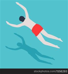 Swimmer in trunks man jumping in swimming pool summer outdoor activity vector recreation and sport leisure activity guy in water hotel resort or aqua park, having fun seasonal entertainment swimwear. Man jumping in swimming pool summer outdoor activity