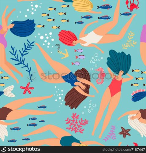Swimmers girls underwater pattern with color fish. Vector seamless swimmer girl pattern in sea illustration. Swimmers girls underwater pattern with color fish