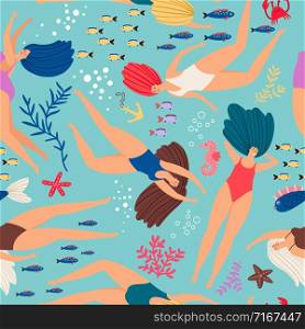 Swimmers girls underwater pattern with color fish. Vector seamless swimmer girl pattern in sea illustration. Swimmers girls underwater pattern with color fish