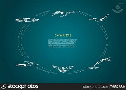 Swimmers - male sportsmen swimming in traditional cap in different poses vector concept set. Hand drawn sketch isolated illustration. Swimmers - male sportsmen swimming in traditional cap in different poses vector concept set