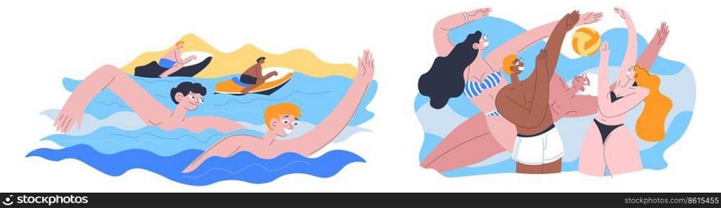 Swimming and playing volleyball, people having fun during summer vacation. Spots activities and recreation in hot season. Trip to coast and seaside, journey lifestyle and joy. Vector in flat style. Summer recreation and fun, swimming and volleyball