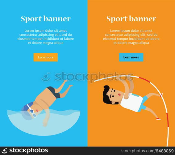 Swimming and Pole Vault Sports Banners. Swimming and pole vault sports banners. Swimmer in goggles and cap in swimming pool. Male athlete in sports uniform performing a pole vault. Species of event. Summer games background