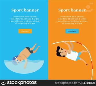 Swimming and Pole Vault Sports Banners. Swimming and pole vault sports banners. Swimmer in goggles and cap in swimming pool. Male athlete in sports uniform performing a pole vault. Species of event. Summer games background