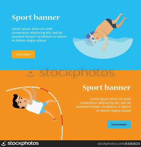 Swimming and Pole Vault Sports Banners. Swimming and pole vault sports banners. Swimmer in goggles and cap in swimming pool. Male athlete in sports uniform performing a pole vault. Species of event. Summer games background