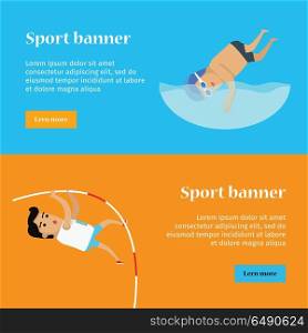 Swimming and Pole Vault Sports Banners. Swimming and pole vault sports banners. Swimmer in goggles and cap in swimming pool. Male athlete in sports uniform performing a pole vault. Species of event. Summer games background
