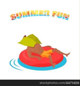 Swimming and Relaxing on the Coast Vector Illustration.. Summer water fun concept illustration. Vector flat design. Active vacation on sunny seaside. Water leasure and entertainment. Man swimming on inflatable circle during the heat. On white background.