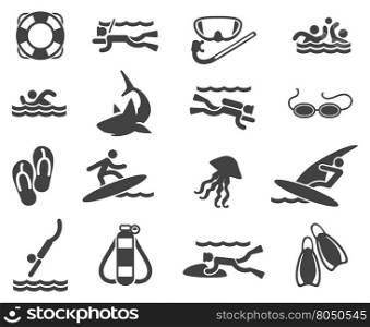 Swimming and scuba diving icons. Sea Beach Swimming Pictograms. Swimming and scuba diving icons. Vector illustration