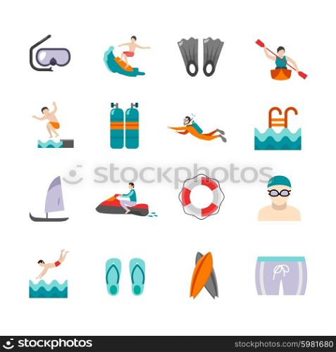Swimming and water sports flat icons set isolated vector illustration. Swimming Icons Set