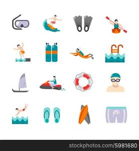 Swimming and water sports flat icons set isolated vector illustration. Swimming Icons Set