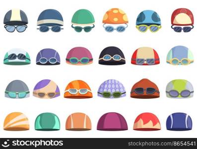 Swimming cap icons set cartoon vector. Pool swim. Water cap. Swimming cap icons set cartoon vector. Pool swim