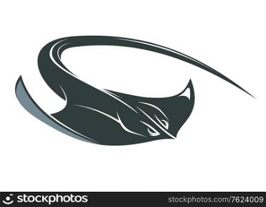 Swimming cartoon manta or sting ray with outspread pectoral fins and a long curved tail isolated on white. Swimming manta or sting ray