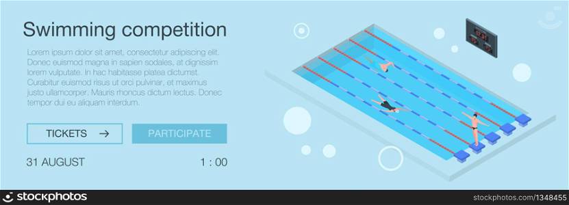 Swimming competition banner. Isometric illustration of swimming competition vector banner for web design. Swimming competition banner, isometric style