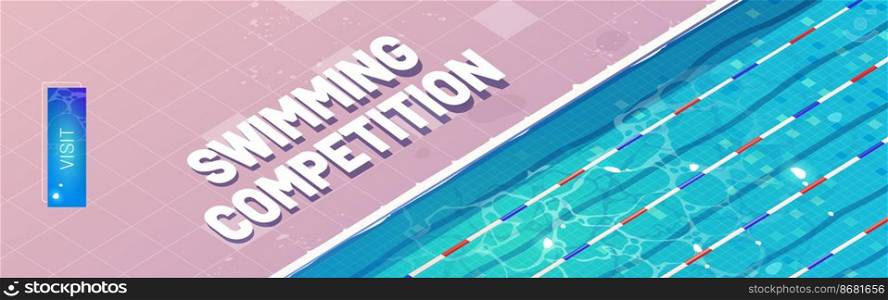Swimming competition cartoon landing page. Sport pool, top view with blue ripped water, ceramics floor and lanes or paths for dip. Empty reservoir for sports activity and training, vector web banner. Swimming competition cartoon landing page, banner