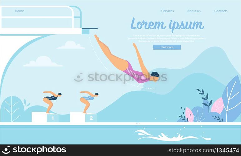Swimming Competition with Young Sportswomen Jumping into Water in Outdoors Pool or Pond. Girls Swimmers Take Part in Tournament, Sport Lifestyle Activity. Cartoon Flat Vector Illustration, Banner. Swimming Competition, Sportswomen Jumping in Water