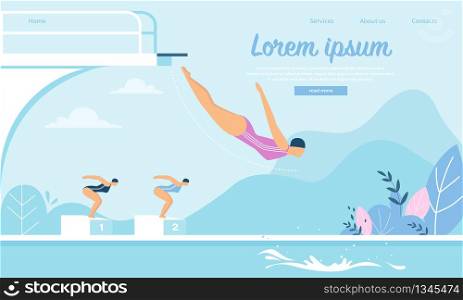 Swimming Competition with Young Sportswomen Jumping into Water in Outdoors Pool or Pond. Girls Swimmers Take Part in Tournament, Sport Lifestyle Activity. Cartoon Flat Vector Illustration, Banner. Swimming Competition, Sportswomen Jumping in Water