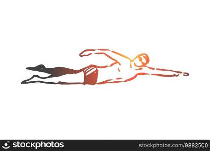 Swimming crawl, sport, pool, water, active concept. Hand drawn man swimming crawl in pool concept sketch. Isolated vector illustration.. Swimming crawl, sport, pool, water, active concept. Hand drawn isolated vector.