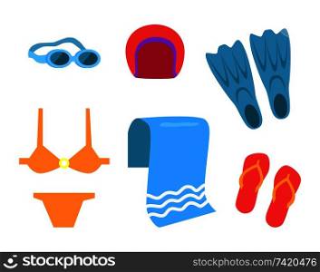 Swimming equipment vector icon cartoon style. Flippers and towel, glasses and swimsuit, hat and flip-flops, isolated simple emblem, protection tools. Swimming Equipment Vector Icon Cartoon Style.