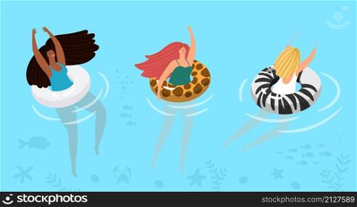 Swimming girls. Sea vacations, woman swim in water pool with rubber ring. Happy ocean beach holidays vector banner. Swimming girls banner