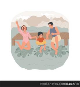 Swimming in a lake isolated cartoon vector illustration. Family on holiday, colorful swimming suits, parents and kids jumping in the water from a pier, lake in the mountains vector cartoon.. Swimming in a lake isolated cartoon vector illustration.