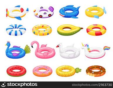 Swimming inflatable rubber rings in form animal unicorn and flamingo. Ring float, inflatable things to swim, lifesaver and summertime toy illustration. Swimming inflatable rubber rings in form animal unicorn and flamingo