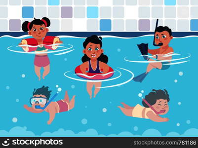 Swimming kids. Cartoon happy children in a pool, flat boys and girls swimming and playing in swimwear. Vector illustration summer activities training swim underwater. Swimming kids. Cartoon happy children in a pool, flat boys and girls swimming and playing in swimwear. Vector summer activities