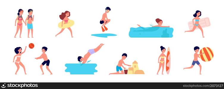 Swimming kids. Cartoon summer children, boy girl playing on beach or pool. Fun sea holidays, isolated happy vacation utter vector characters. Summer pool and sea, kids play on sand beach illustration. Swimming kids. Cartoon summer children, boy girl playing on beach or pool. Fun sea holidays, isolated happy vacation utter vector characters