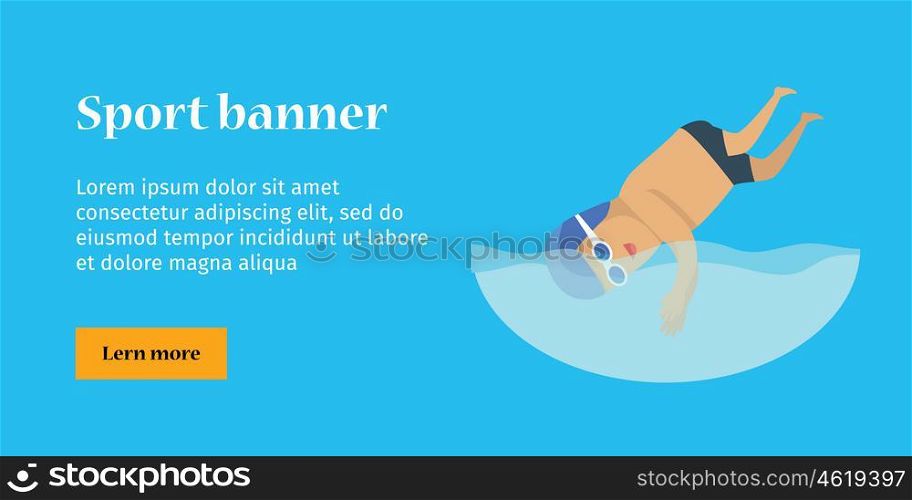 Swimming Man, Sports Banner. Swimming man, sports banner. Swimmer in goggles and cap in swimming pool. Species of event. Vector background for web, print and other projects. Summer games background.