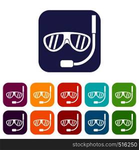 Swimming mask icons set vector illustration in flat style in colors red, blue, green, and other. Swimming mask icons set