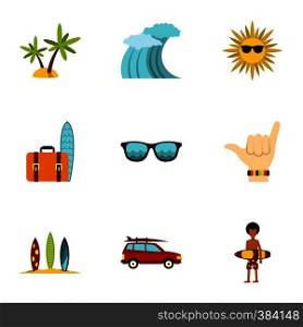 Swimming on surf icons set. Flat illustration of 9 swimming on surf vector icons for web. Swimming on surf icons set, flat style