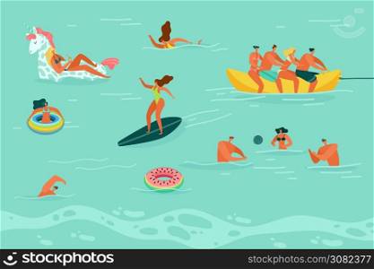 Swimming people. Happy men and woman in swimsuit play ball, swim and surf in sea or ocean, summer beach leisure activities on vacations, flat vector colorful cartoon illustration. Swimming people. Men and woman in swimsuit play ball, swim and surf in sea or ocean, summer beach leisure activities on vacations, flat vector cartoon illustration