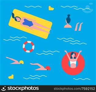 Swimming pool active lifestyle set of people in basin. Mattress lifebuoy saving ring worn by lady waving hands. Professional swimmers sportsman vector. Swimming Pool Active Lifestyle Vector Illustration
