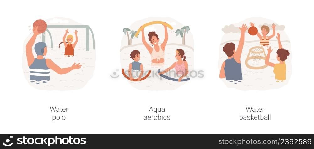 Swimming pool activities isolated cartoon vector illustration set. Play water polo, swimming pool game, family do aqua aerobics, poolside basketball, throwing a ball in small hoop vector cartoon.. Swimming pool activities isolated cartoon vector illustration set.