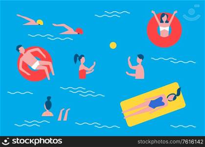 Swimming pool and people set in water playing polo games with ball. Swimmers and chilling person on lifeline lifebuoy posters set with text vector. Swimming Pool and People Set Vector Illustration