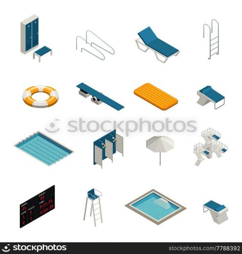Swimming pool elements isometric icons set with change room locker closet shower life ring isometric vector illustration . Swimming Pool Isometric Elements Set 