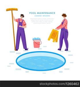 Swimming pool maintenance or cleaning service, two men in uniform clean, taking care swimming pool, worker with tools - flat vector banner or landing for website, landing page, banner. swimming pool searvcice flat concept