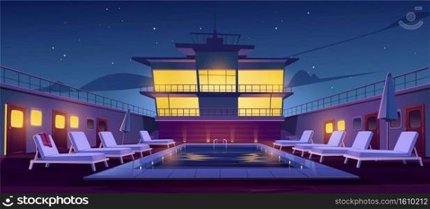 Swimming pool on cruise liner at night, empty ship deck with sun loungers, umbrellas and illumination. Luxury sailboat in sea or ocean. Passenger vessel under starry sky, Cartoon vector illustration. Swimming pool on cruise liner at night, ship deck