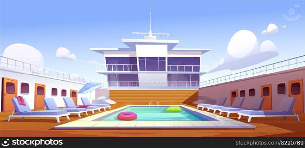 Swimming pool on cruise liner, empty ship deck with sun loungers, wooden floor and door portholes. Modern luxury sailboat in sea or ocean. Passenger vessel with water pond, Cartoon vector illustration. Swimming pool on cruise liner, empty ship deck