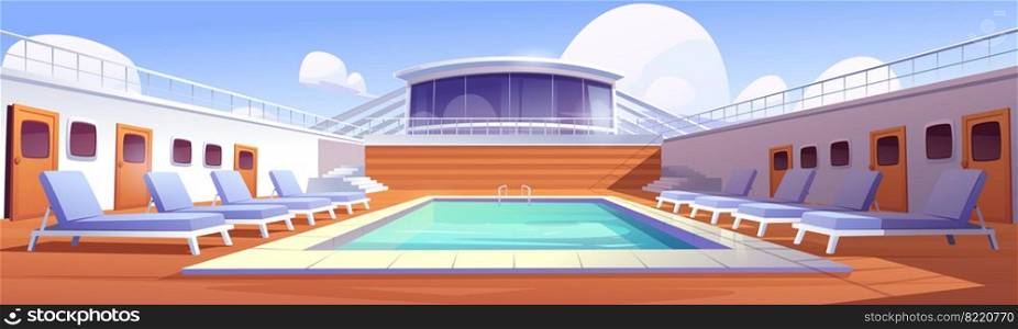 Swimming pool on cruise ship deck. Summer vacation, sea travel and relax. Vector cartoon illustration of luxury passenger liner with empty pool with blue water and beach chairs. Swimming pool and beach chairs on cruise ship deck