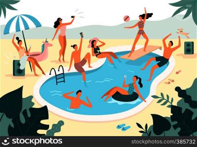 Swimming pool party. Summer outdoors people in swimwear swim together and rubber ring floating in pool water. Beach seaside swim party, pool vacation poster vector illustration. Swimming pool party. Summer outdoors people in swimwear swim together and rubber ring floating in pool water vector illustration