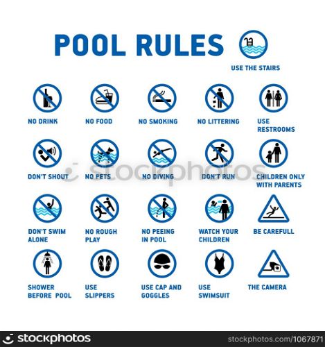 Swimming pool rules. Icons and symbol for pool.. Swimming pool rules. Set of icons and symbol for pool.