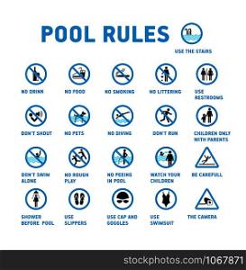 Swimming pool rules. Icons and symbol for pool.. Swimming pool rules. Set of icons and symbol for pool.
