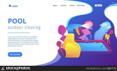 Swimming pool service worker with net cleaning water. Pool and outdoor cleaning, swimming pool service, outdoor cleaning company concept. Website vibrant violet landing web page template.. Pool and outdoor cleaning concept landing page.
