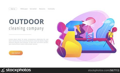 Swimming pool service worker with net cleaning water. Pool and outdoor cleaning, swimming pool service, outdoor cleaning company concept. Website vibrant violet landing web page template.. Pool and outdoor cleaning concept landing page.